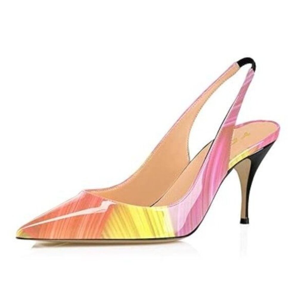YDN Women Fashion Kitten High Heels Pointy Toe Elastic Strap Slingback Sandals